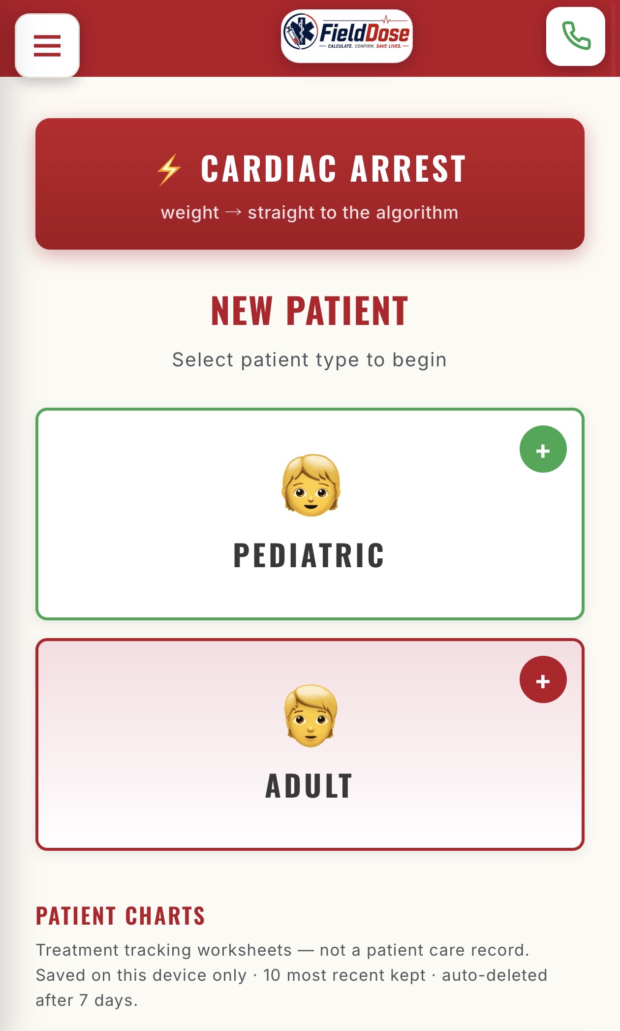 FieldDose home screen with pediatric and adult patient choices
