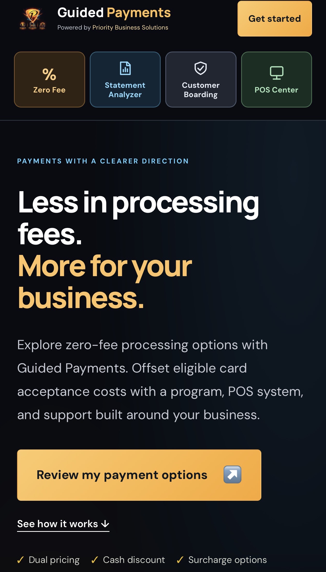 Guided Payments home page with payment cost calculator