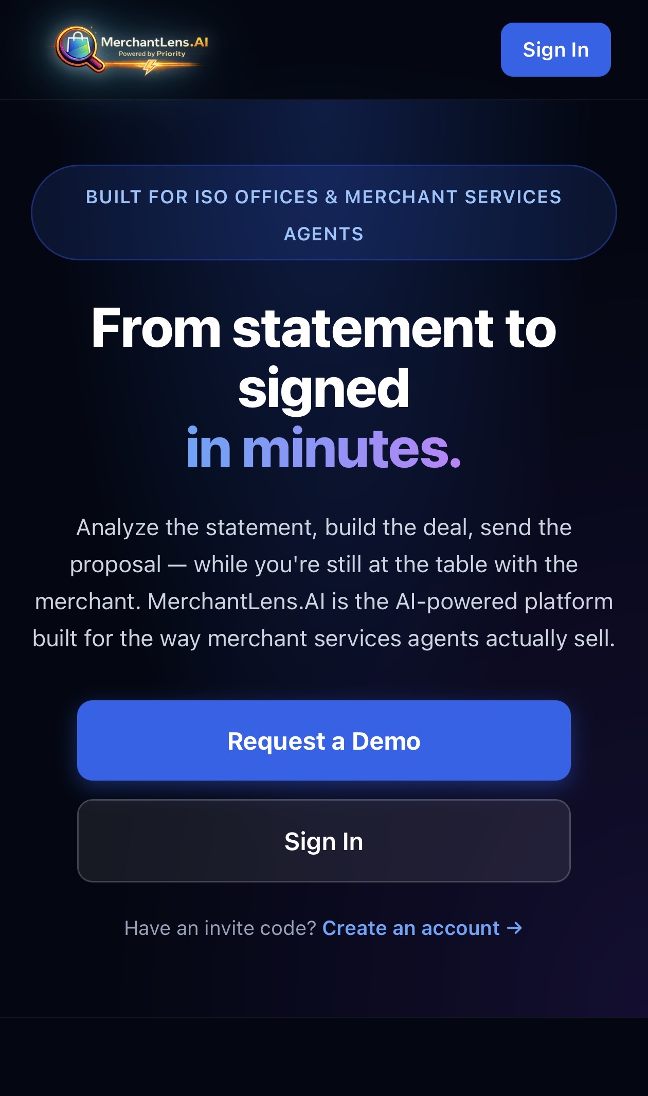 MerchantLens home page showing its statement-to-proposal platform