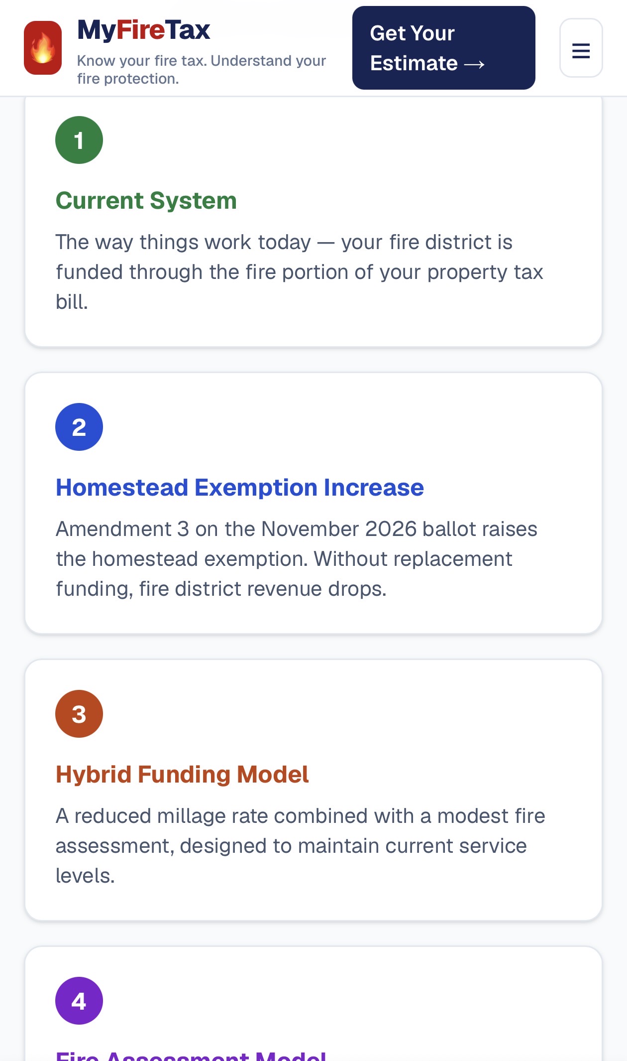 MyFireTax home page with property lookup and funding scenarios